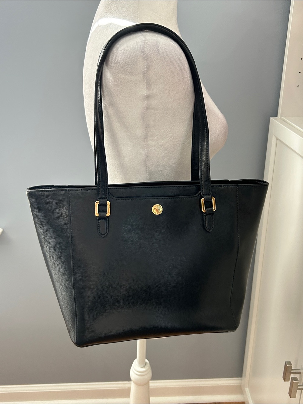 Lauren Ralph Lauren Newbury Halee Black Leather Tote Bag Gold Hardware RLL